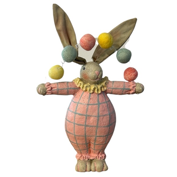 Artisan Other - ❌LAST CALL❌ Pink Pastel Bunny clown Figurine with Pom-Pom Garland vintage vibe